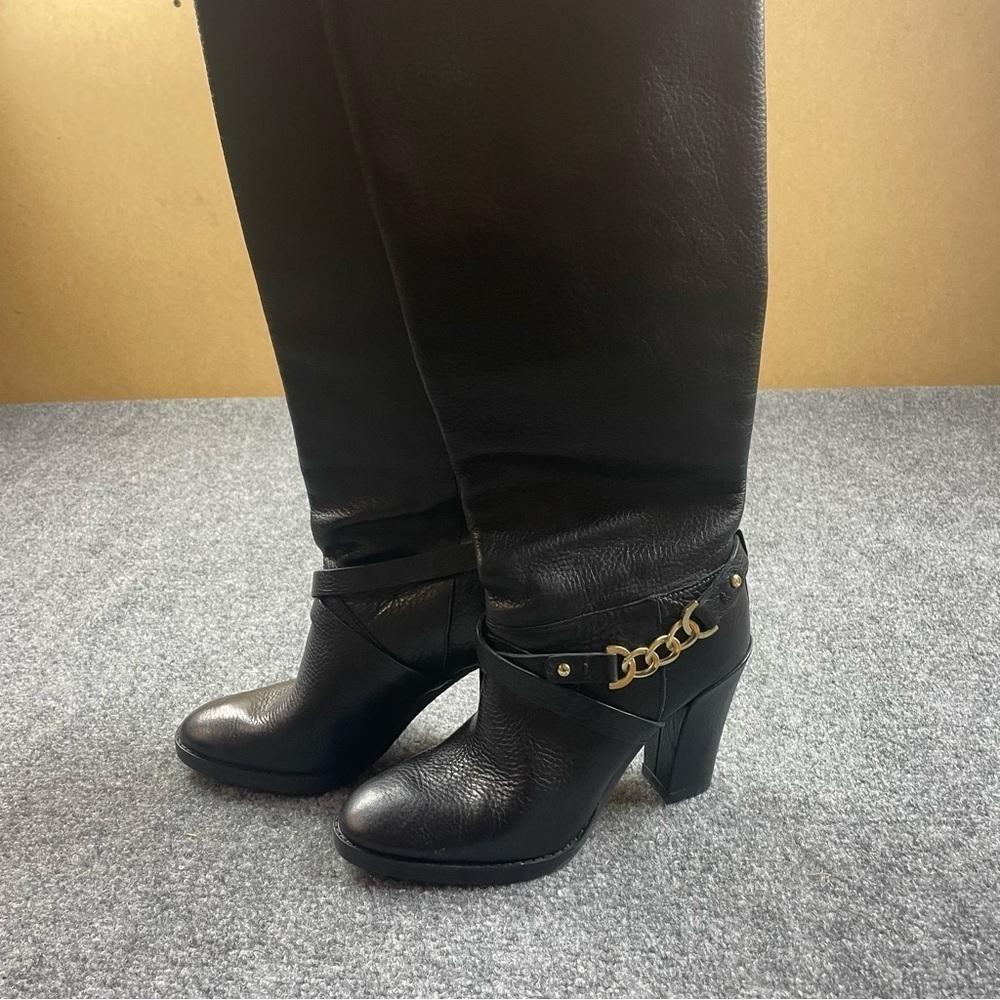 KATE SPADE Women’s Montreal 228726 Black Leather Gold chain Tall Healed Boot 6.5